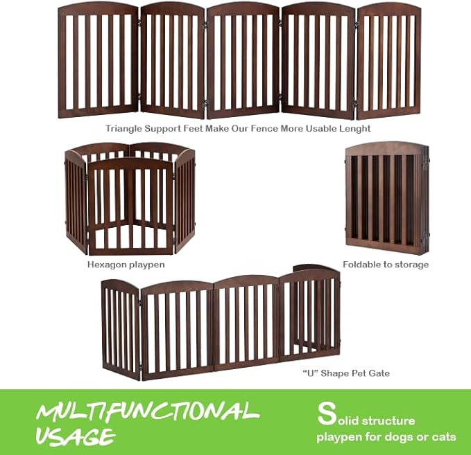 SPIRICH 120" Extra Wide 28" Tall Dog Gate Indoor, Dog Gates for Doorways, Stairs, The House, Wooden Freestanding Foldable Pet Gate, Step Over Puppy Safety Fence, 5 Panels, Brown