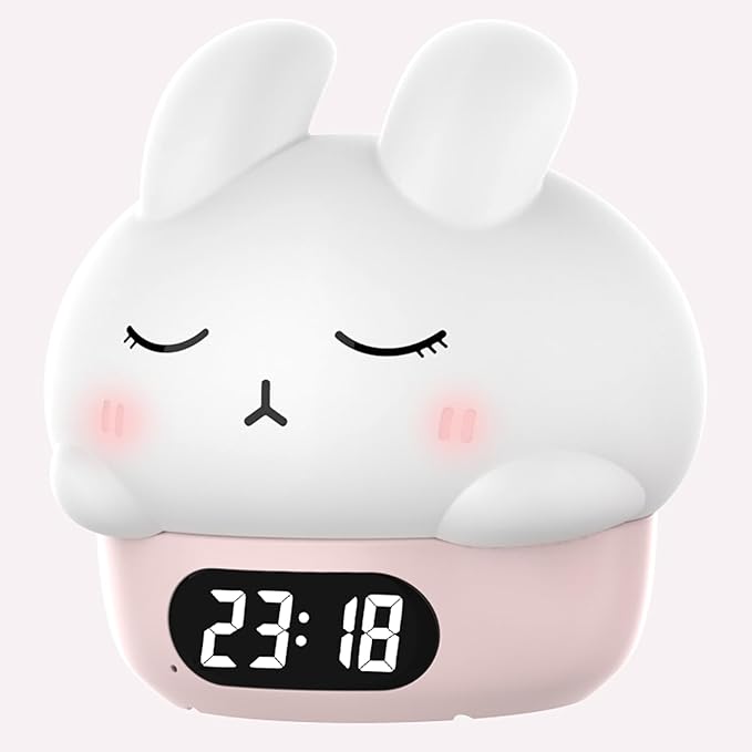 Cute Bunny RGB Rechargeable Night Light, Soft Silicone Lampshade, Adjustable Brightness LED Clock, Date, Alarm, Thermometer, Timer, Tap Control, Bedroom Lamp, Gift for Girl and Kid (Pink Bunny)