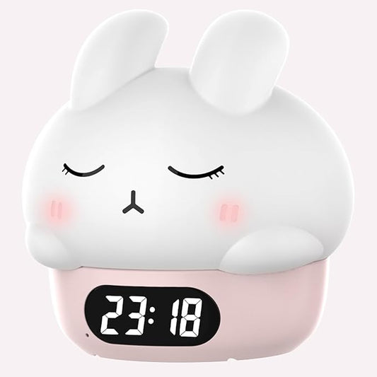 Cute Bunny RGB Rechargeable Night Light, Soft Silicone Lampshade, Adjustable Brightness LED Clock, Date, Alarm, Thermometer, Timer, Tap Control, Bedroom Lamp, Gift for Girl and Kid (Pink Bunny)