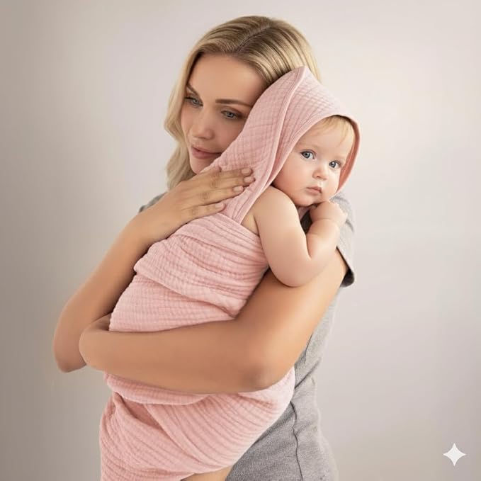 Muslin Hooded Baby Towels for Newborns, 32"x32", 100% Cotton – 6 Layers Super Soft Absorbent Breathable, Baby Bath Towel, Toddler Bath Towel – Pack of 2