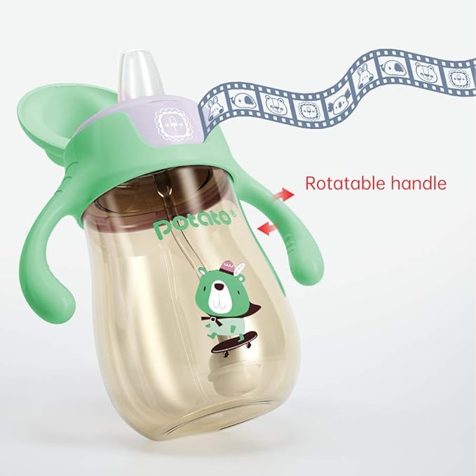 POTATO Sippy Cups For Toddlers with Straw Spill Proof, PPSU Learner Cup with Handle for Babies, Water Bottle for Baby 6 Months with 2 Type of Spout, 6 Ounce Green