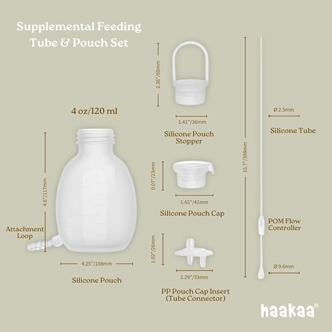 Haakaa Silicone Supplemental Feeding Tube & Pouch Set – Breastfeeding Assistance Kit for Low Supply, Latching Support, Donor or Pumped Milk – 120ml Pouch + Adjustable Flow Tube