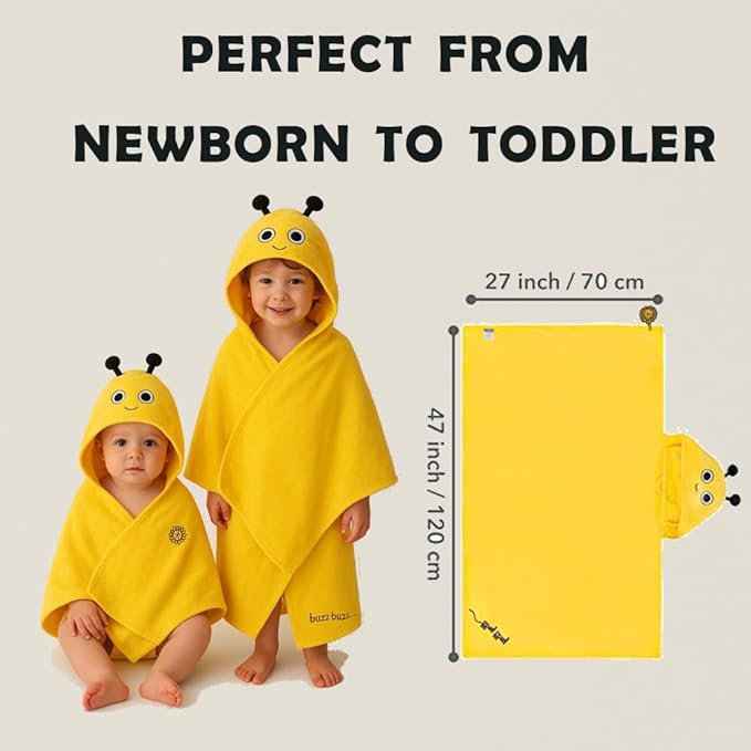 Milk&Moo Baby Hooded Towel, 100% Organic Turkish Cotton, Ultra Absorbent Bath Towel with Hood, 27x47 Inch, for Baby Boys & Girls (0-2 Years, Yellow)