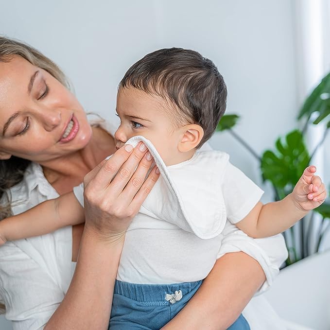 Comfy Cubs Muslin Bibs for Babies, Pack of 4 - Soft and Highly Absorbent, Feeding, Drool and Teething Bib, Adjustable Snaps - Stylish & Colorful Unisex Designs, Giftable Set - White