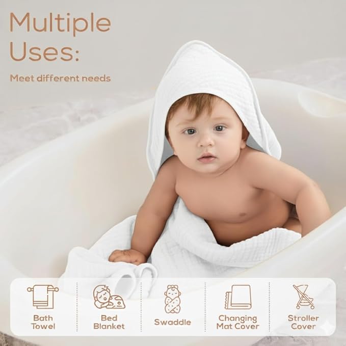 Muslin Hooded Baby Towels for Newborns, 32"x32", 100% Cotton – 6 Layers Super Soft Absorbent Breathable, Baby Bath Towel, Toddler Bath Towel – Pack of 2