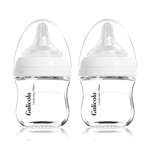 Gulicola Small Glass Baby Bottle for Newborn Breastfeeding Babies, Preemie & Extra Slow Flow Nipples (SS), Anti-Colic, Breast-Like, 0 Months+, 3 oz, 2 Pack - White
