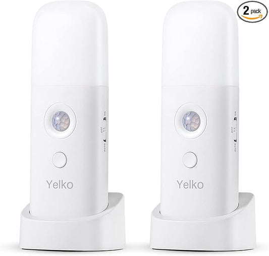YELKO Motion Sensor Night Light, 2000mAh Rechargeable Night Lights Battery Powered, Portable Dimmable Nightlights with 5 Brightness Levels for Kids,Adults(Cool White 2Pack)