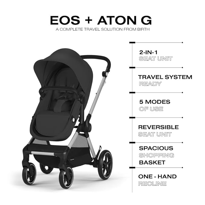 Cybex EOS 5-in-1 Travel System Stroller + Lightweight Aton G Infant Car Seat, Moon Black, Silver Frame
