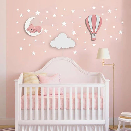 BugyBagy Nursery Wall Lamp Set – 3 Hand Painted Night Lights for Baby Room (Hot Air Balloon, Cloud, Elephant on Moon) + Bonus Wall Stickers – Soft Linen Colors Pink or Blue (Pink Theme 2)