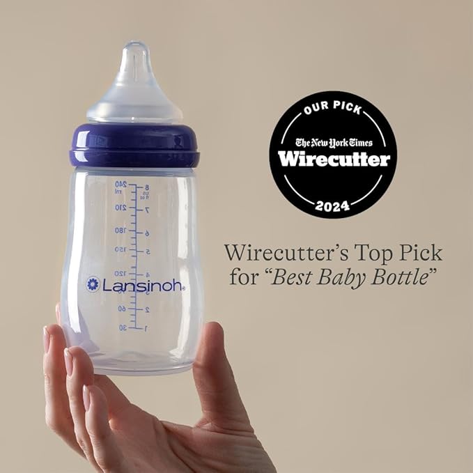 Lansinoh Anti-Colic Baby Bottles for Breastfeeding Babies, 8 Ounces, 4 Count, Includes 4 Medium Flow Nipples, Size M