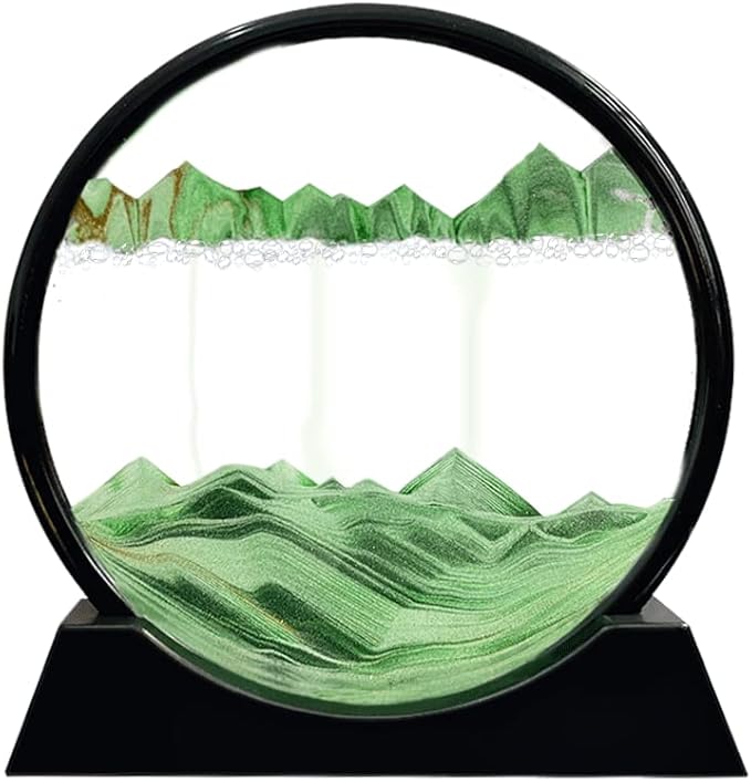 Aoderun Moving Sand Art Picture Round Glass 3D Deep Sea Sandscape in Motion Display Flowing Sand Frame Relaxing Desktop Home Office Work Decor (12", Green)