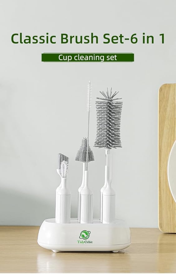 6-in-1 Bottle Brush Set with Holder – Multipurpose Cleaning Kit for Baby Bottles, Reusable Water Bottles, Straws, and Lids – BPA-Free, Compact Storage