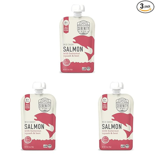 Serenity Kids 6+ Months Baby Food Pouches Puree Made With Ethically Sourced Meats & Organic Veggies | 3.5 Ounce BPA-Free Pouch | Wild Caught Salmon, Butternut Squash, Beet | 1 Count (Pack of 3)