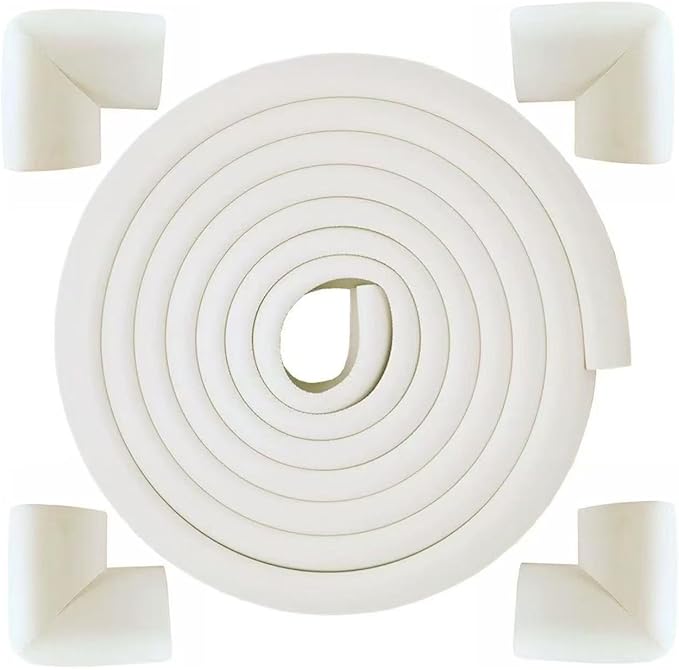 【1 Roll + 4 Pcs Set】 Baby Proof Corner Guards L-Shaped Edge Protectors - Self-Adhesive Soft Foam Furniture Corner Guards for Table Cabinet Wall, Baby Safety Protection for Fireplace (Off White)