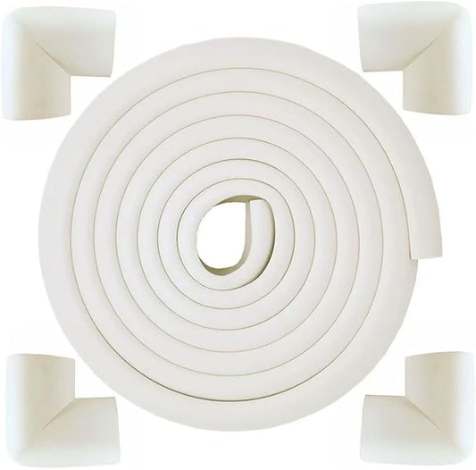 【1 Roll + 4 Pcs Set】 Baby Proof Corner Guards L-Shaped Edge Protectors - Self-Adhesive Soft Foam Furniture Corner Guards for Table Cabinet Wall, Baby Safety Protection for Fireplace (Off White)