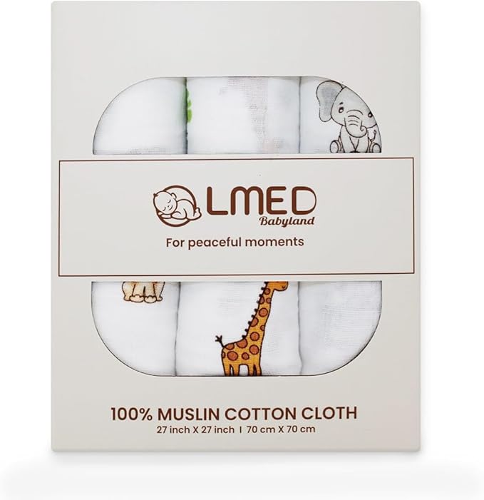 100% Muslin Cotton Baby Receiving Cloths, 3-Pack, 27x27 in (70x70cm), Soft & Gentle for Newborns, Sensitive Skin Safe, for Feeding, Burping & Comfort, 0+ Months (Safari)