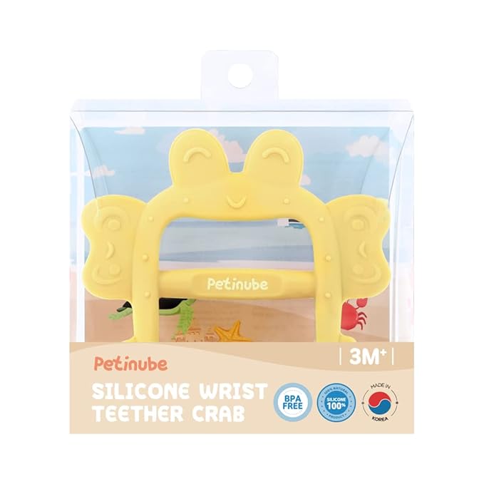 Anti-Dropping Silicone Baby Wrist Teether Soothing Pacifier for Infants 3+ Months Babies, Pack of 1, Made in Korea (Crab-Elfin Yellow)