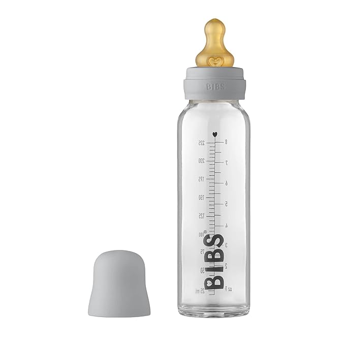 BIBS Baby Glass Bottle. Anti-Colic. Round Natural Rubber Latex Nipple. Supports Natural Breastfeeding, Complete Set - 225 ml, Cloud