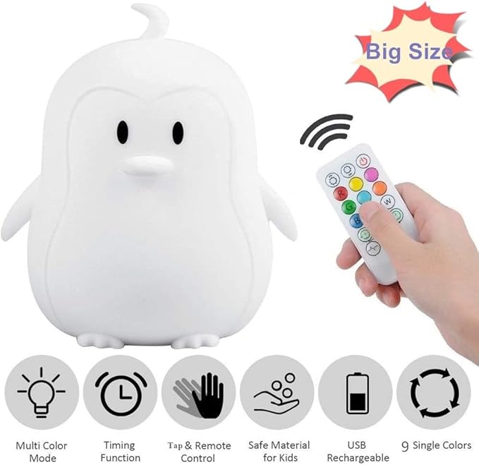 Big Size Night Light, Portable Silicone Bedside Lamp, Multicolor Light with Remote Control, USB Rechargeable led Light for Kids/Baby Bedroom/Adults/Children/Gift - Large Penguin