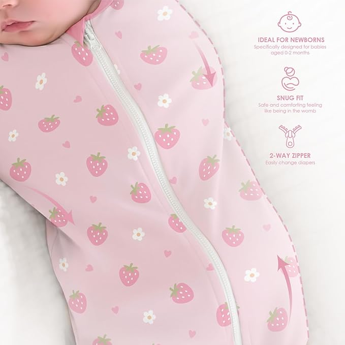 Baby Swaddle 0-2 Months, Cotton Arm-In Zipper Sleep Sack, Wearable Blankets Wrap for Newborn Infant Girls (Strawberry, Heart, Pack of 2)
