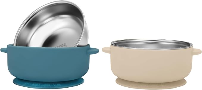 2 Pack Stainless Steel Baby Bowls with Removable Non-Slip Silicone Suction Shell, Anti Scald Food Container for Baby Food Feeding-Blue & Cream