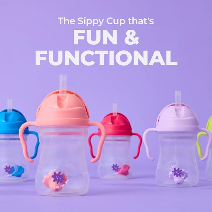 b.box + Lansinoh Weighted Straw Sippy Cup for Babies 6 Months+ (2 Pack)| Leak‑Proof, BPA‑Free, 8 oz Toddler Cup | Drink From Any Angle | Easy Grip, Dishwasher Safe | Tutti Frutti + Raspberry
