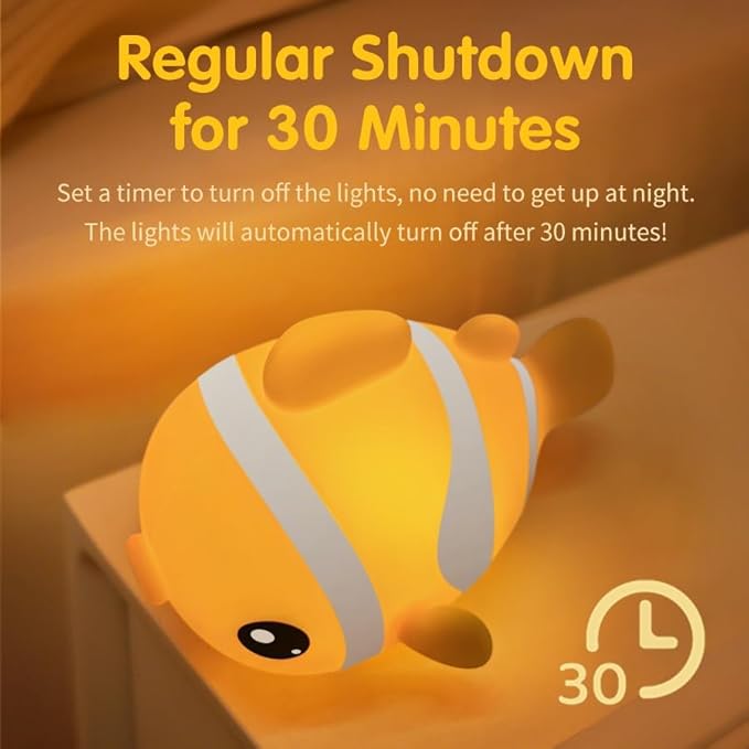 Clownfish Night Light for Kids Nursery - Adorable Ocean-Themed Silicone Baby Light with 3-Level Dimmable LED, Portable Toddler Sleep Lamp for Bedroom, Kids Room, Baby Shower & Birthday Gift