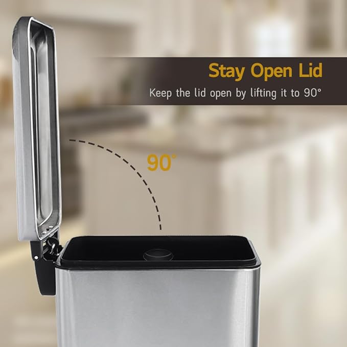 Bathroom Trash Can, 2.6 Gallon Trash Can with lid, Stainless Steel Garbage Can with Removable Liner Bucket, Pedal Rectangle Trash Bin for Bathroom, Office, Kitchen, Bedroom, 10 Liter