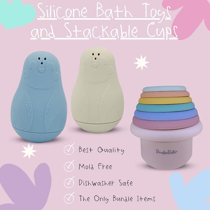 Silicone Bath Toys, Dishwasher-Safe Baby Toys, Toddler Toys, Montessori Stackable Cups, Cleanable Bath Toys for Baby and Toddler, Baby Bath Essentials, Tub Toys, 4-Pack, Blue
