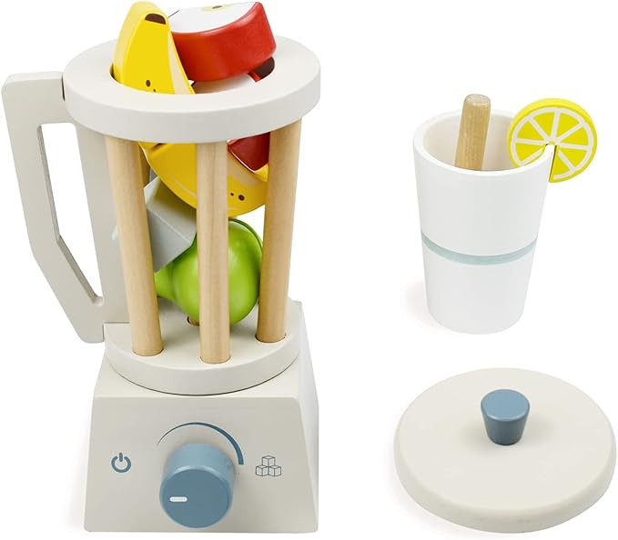 PairPear Wooden Smoothie Blender Toy – 14 Piece Kids Kitchen Accessories Set with Cup, Ice Cubes & Fruit – Pretend Play Juice Maker for Boys & Girls Ages 3+