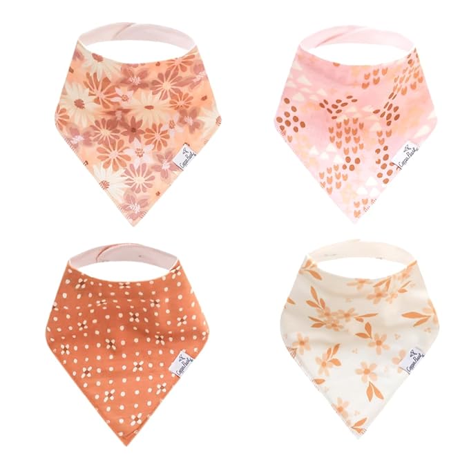 Copper Pearl 4 Pack Soft Cotton Baby Bibs for Drooling and Teething, Absorbent Drool Bibs for Baby Girl and Boy, Adjustable to Fit Newborns to Toddlers, Tons of Styles (Rue)