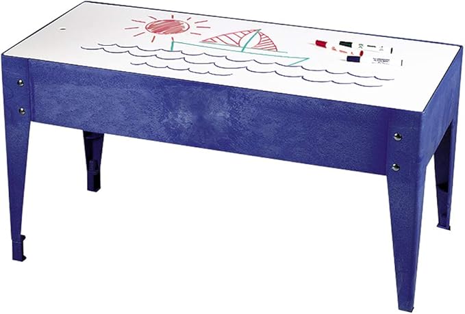 Constructive Playthings Indoor/Outdoor Sand and Water Activity Table for Kids Ages 1-3, Classroom Play Table with Dry-Erase Top and 2 Side Trays, Blue/Red, 18" H