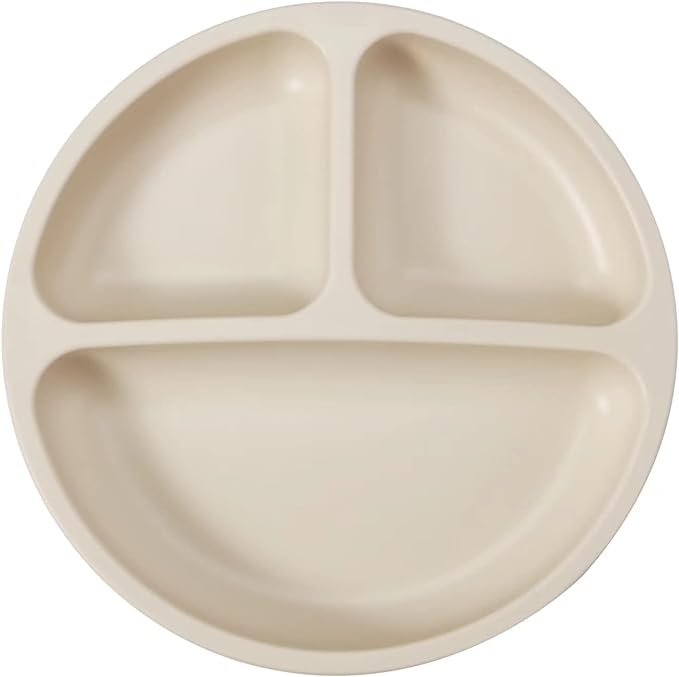 PandaEar 3 Pack Divided Unbreakable Silicone Baby and Toddler Plates - Non-Slip - Dishwasher and Microwave Safe - Silicone (Pink Green Light Tan)