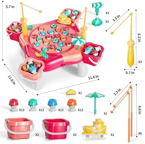 Magnet Fishing Game for Kids Toddlers Aged 3 4 5 6 7 8 - Fishing Toys with 48 Fishes Toys, 8 Poles, Rotating Board Game with On-Off Music, Educational Birthday Gifts for Boys Girls 1-3 (Pink)