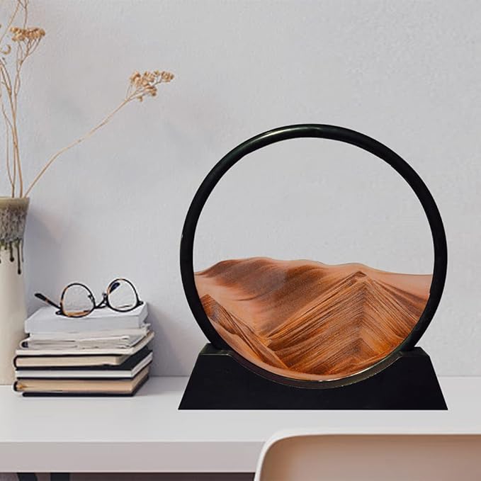 Aoderun Moving Sand Art Picture Round Glass 3D Deep Sea Sandscape in Motion Display Flowing Sand Frame Relaxing Desktop Home Office Work Decor (12", Orange)