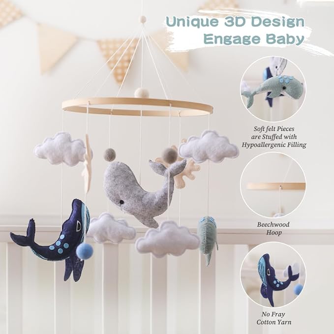 Montessori Baby Mobile for Crib Ocean Animals Crib Mobile Woodland Nursery Decor Soothe Toys for Ceiling Hanging Felt Ball Sea Blue Whale, White Clouds Baby Shower for Boys Girls Gifts