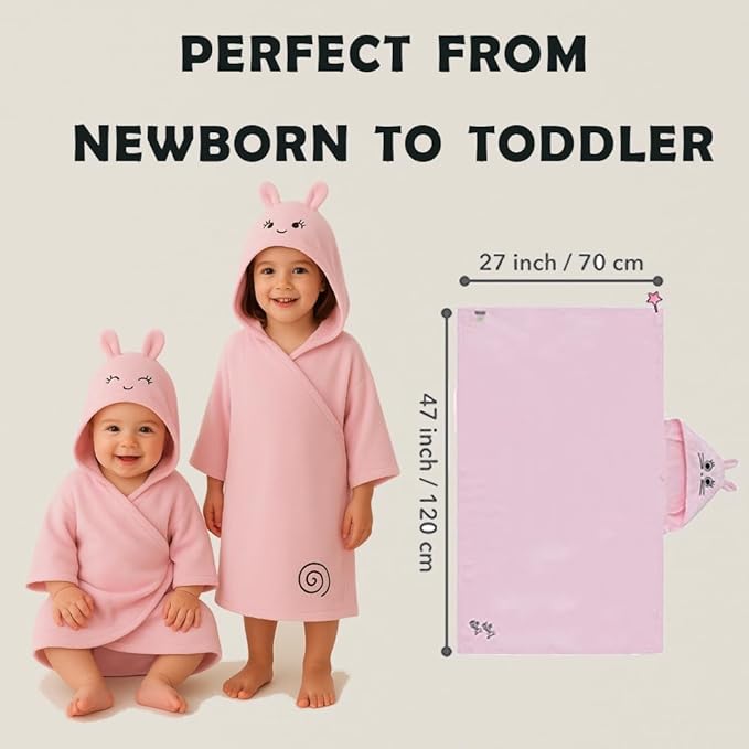 Milk&Moo Baby Hooded Towel, 100% Organic Turkish Cotton, Ultra Absorbent Bath Towel with Hood, 27x47 Inch, for Baby Boys & Girls (0-2 Years, Pink)