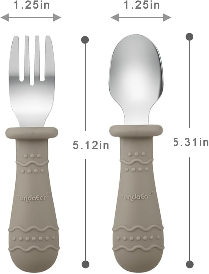 PandaEar Silicone Baby Feeding Set| 2 Pack Silicone Divided Suction Plate and 2 Pack Tiny Cup with 2 Spoons 2 Forks| Baby Led Weaning Supplies Self Feeding Eating Utensils (Silverware Set)