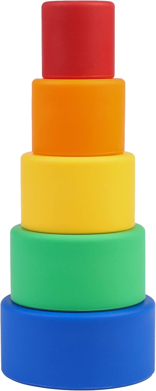 BLUE GINKGO Silicone Stacking Cups – Nesting & Sensory Stacking Toy for Toddlers | Open-Ended Montessori Toy with 5 Cups (Vibrant Colors)