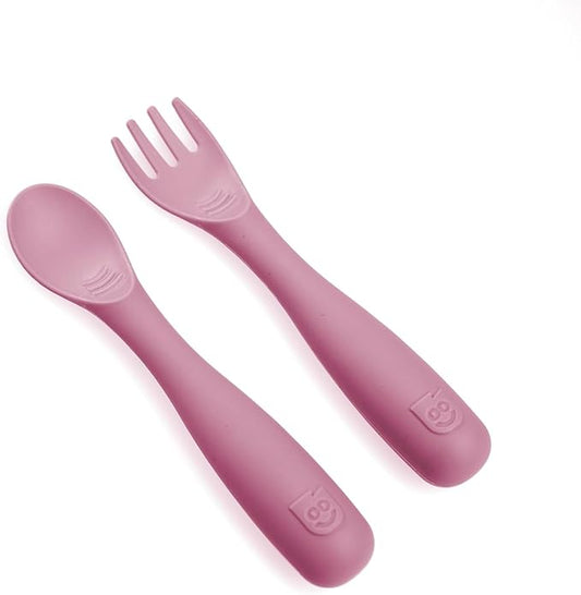 Talktools Bitsy Feeding Kid's Essentials Plate Set – Toddler Utensils, Spoon and Fork, Plate Lid, Perfect for Mealtime – Strong Suction Toddler Plates with 4 Compartments (Spoon/Fork-Bubblegum)