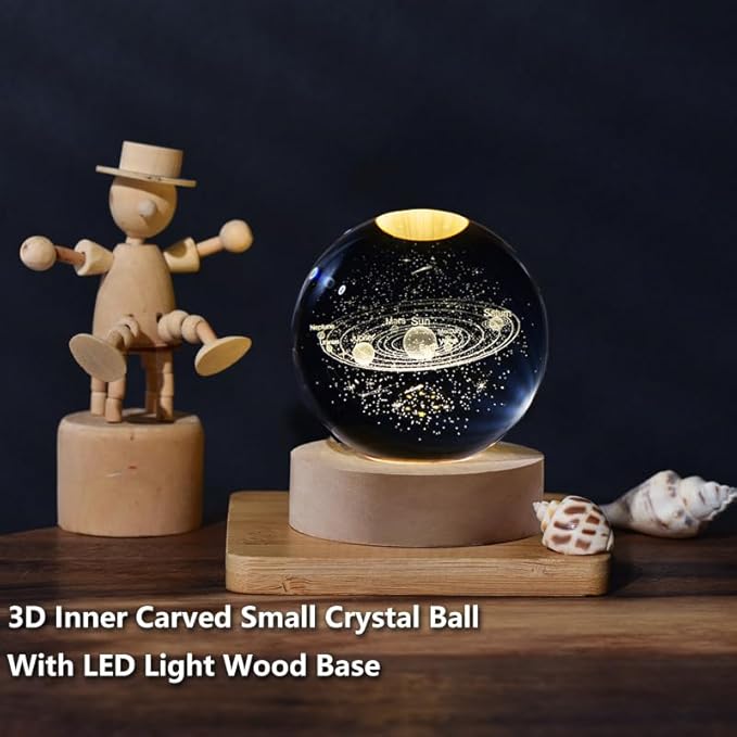 Glowing Crystal Ball Light with Wood Base, 3D Inner Carved Small Crystal Ball, Decorative Creative Gift for Christmas, Classmates and Kids Birthday (Solar System)