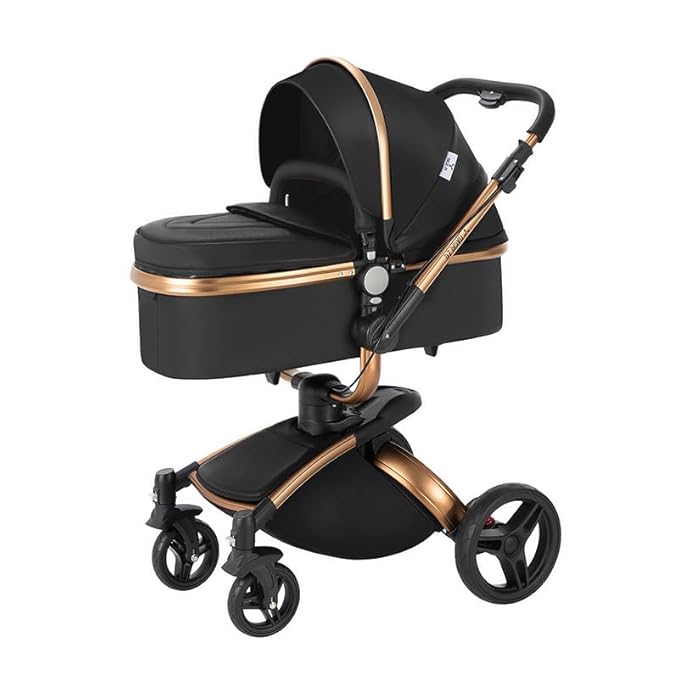 360° Rotatable PU Leather 2 in 1 Convertible Baby Stroller Mode, Infant Stroller One-Click Folding, Toddler Newborn Travel Standard Carriage Pram (HR002-Black)