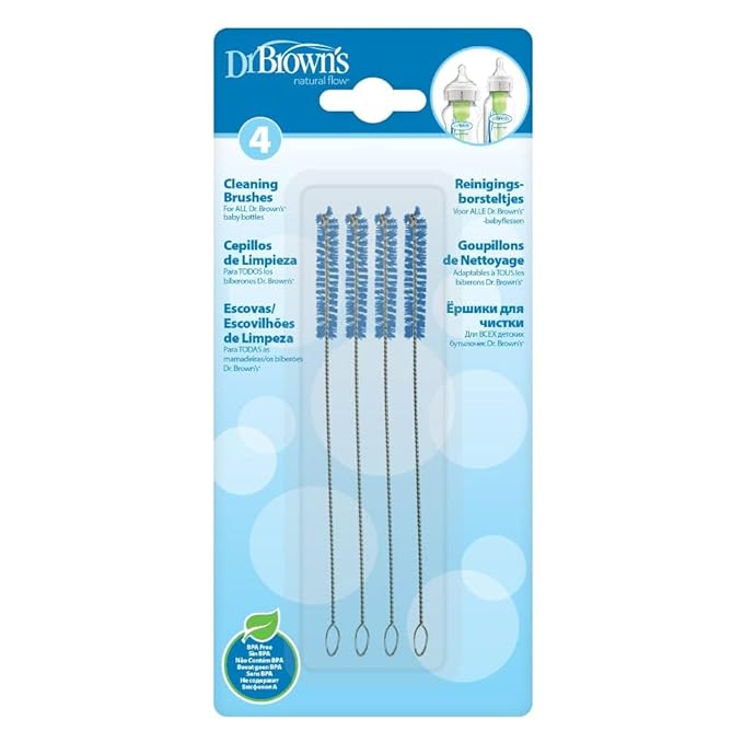 Dr. Brown's Natural Flow Reusable Baby Bottle Vent System and Reservoir Cleaning Bristle Brush,BPA Free,Blue Brushes,4-Pack