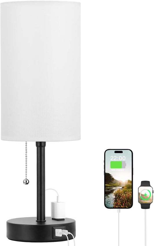 Dicoool 17Inch Tall Bedroom Lamps with USB C and A Ports 3 Color Temperatures - Pull Chain White Nightstand Bedside Table Lamp with AC Outlet, Side Lamp for Living Room End Table