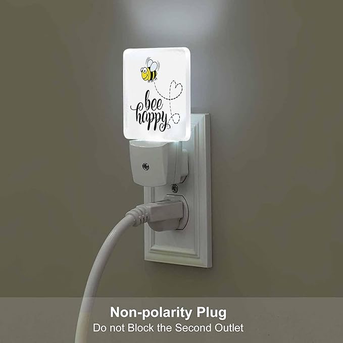 LED Night Light,Bee Happy Funny Text Quote Cute Fat Bee LED Night Light Plug into Wall with Dusk to Dawn Light Sensor White Energy Efficient Nightlight for Bedroom Bathroom Hallway Living Room Kitchen
