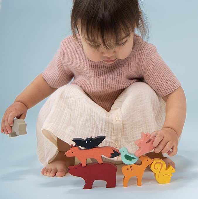 Mentari Toys - Happy Stacking Forest - 8pc Wooden Stacking Toy for Toddlers - Colorful Nature Theme Balancing Activity Toy with Bag - Boost Fine Motor Skills and Dexterity - Educational Toy - Age 18m+