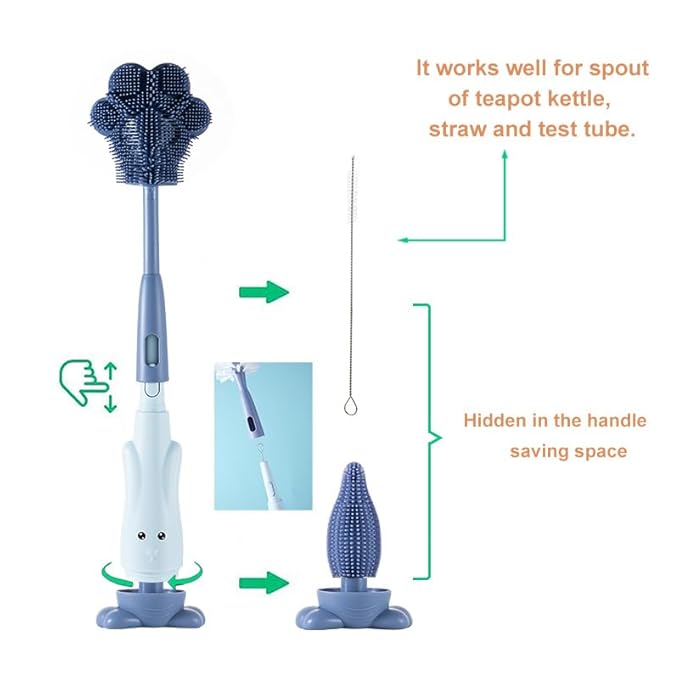 Chemimoso Cup Cleaning Brush, Silicone Baby Bottle Brush with Stand, Large Handle Water Bottle Brush Cleaner Set, with a Tiny Cup Lid Gap Cleaning Brushes Kit, Pawprint, Green