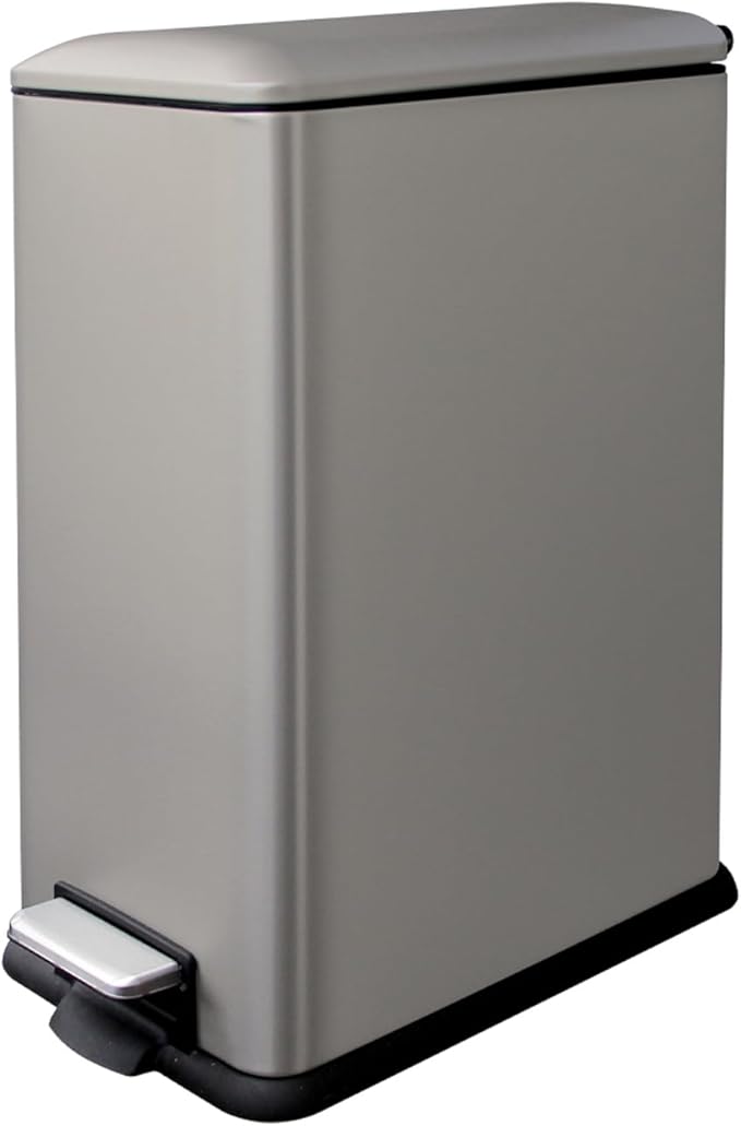 12 Gallon Slim Kitchen Trash Can, Stainless Steel Trash Can with Removal Inner Bucket and Soft-Close Lid, Pedal Garbage Can 45 Liter, Kohler Grey