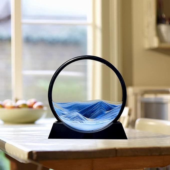 Aoderun Moving Sand Art Picture Round Glass 3D Deep Sea Sandscape in Motion Display Flowing Sand Frame Relaxing Desktop Home Office Work Decor (7", New Blue)