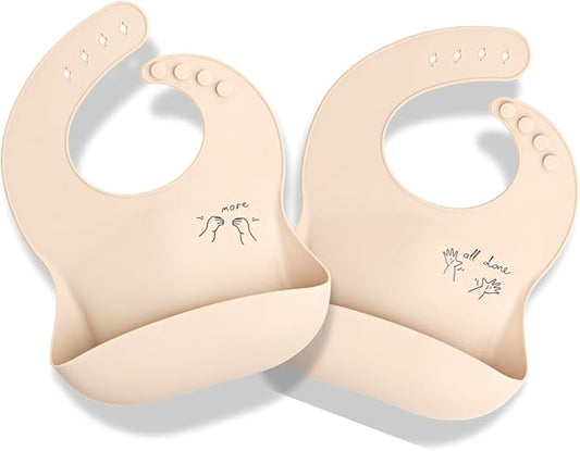 APLAINR Baby Sign Language Bib, Silicone Baby Bibs, ASL Graphics, Food Catcher, Adjustable, Waterproof, Soft, 6-36 Months